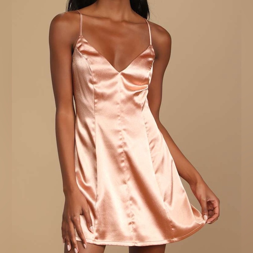 Lulus Satin Slip Dress in Gold Peach
